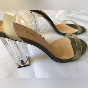 Public Desire, Strap khaki suede clear block heel shoes.